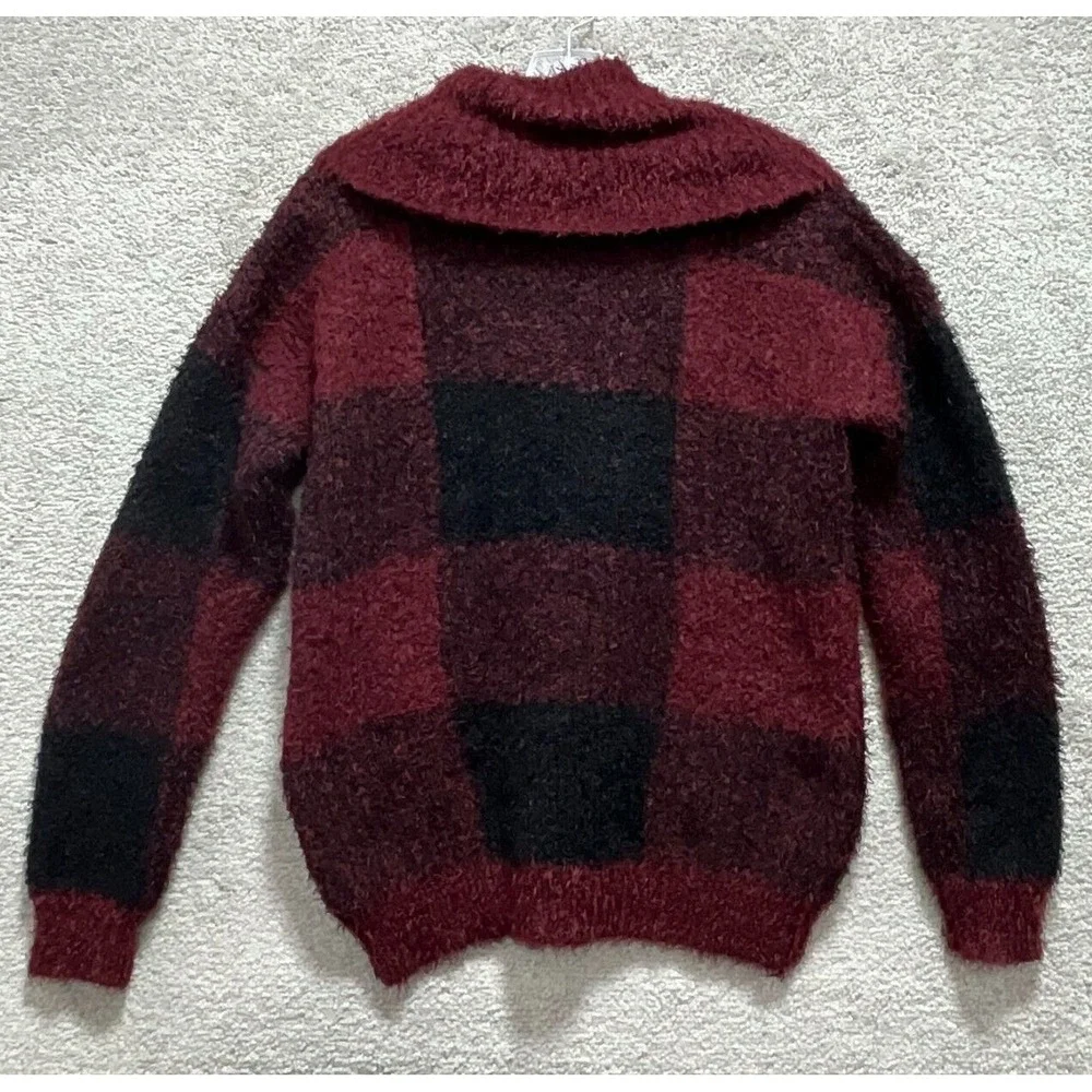 Lee Sweater Women's Medium Black Red Plaid Cowl Neck Pullover Block Jumbo Square